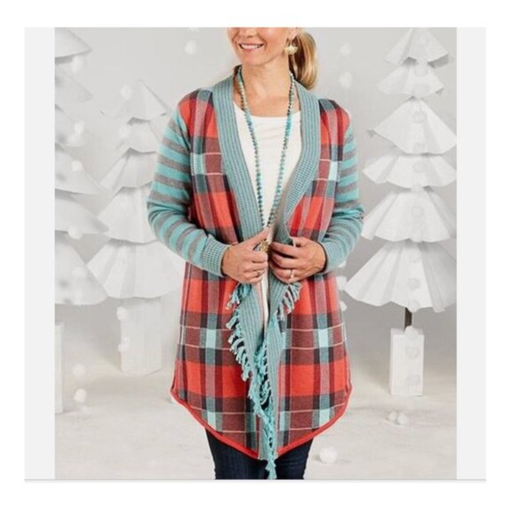 Matilda Jane Sweaters - Matilda Jane Medium Steadfast Open Fringe Stripe Plaid Blue Sweater Cardigan
